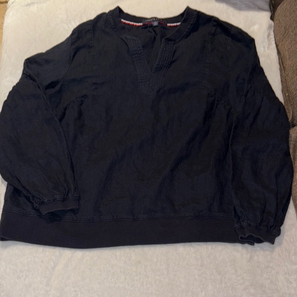 Gently Loved 100% Linen Tommy Hilfiger Navy Long Sleeve Blouson Beautiful - Picture 1 of 12
